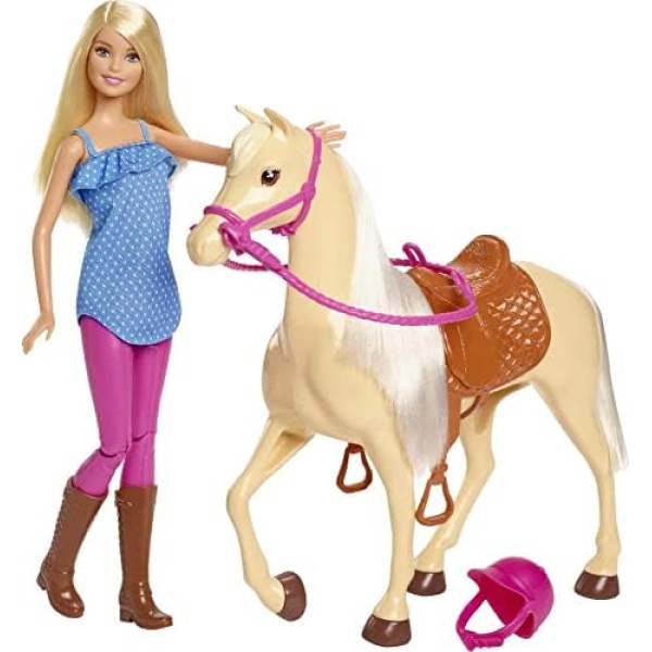 Barbie Doll & Horse Set, Blonde Fashion Doll in Riding Outfit & Light Brown Horse with Saddle, Bridle & Reins